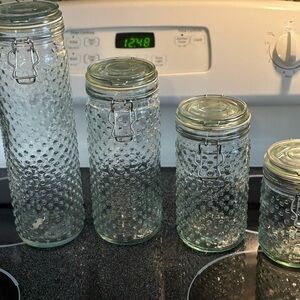 4 Vintage Glass Canisters/Tall Containers with Metal latch